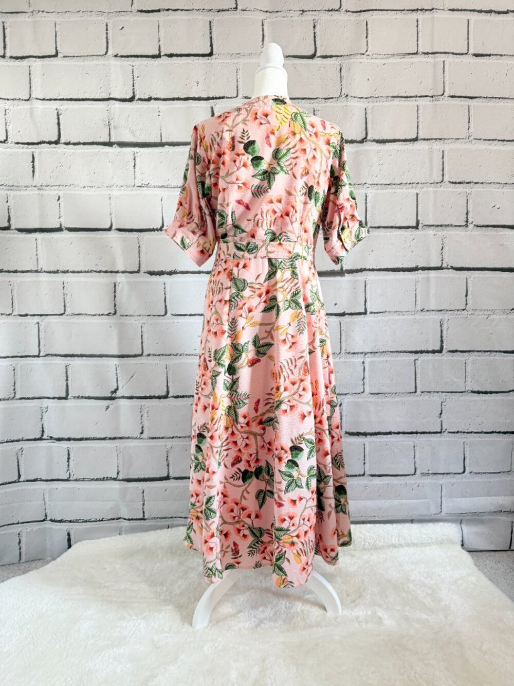 LOFT Pink Floral Tie Waist Midi Dress Size 2 Lined Button Front - Picture 4 of 13